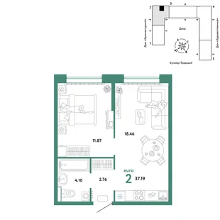 Планировка 2-комн. квартира, 37.19 м² ЖК «Микрорайон Домашний»