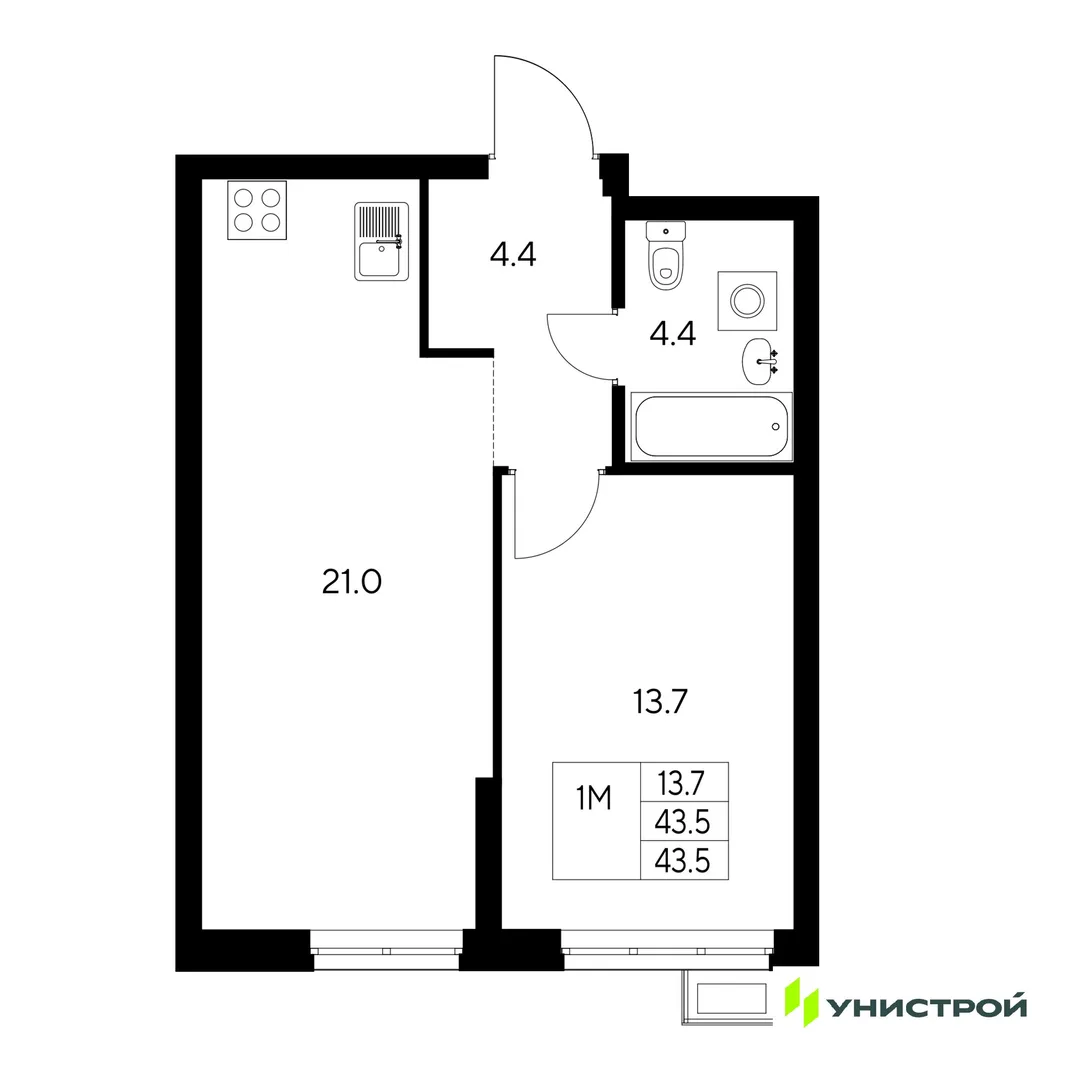 Планировка 1-комн. квартира, 43.5 м² ЖК «Стадиум»
