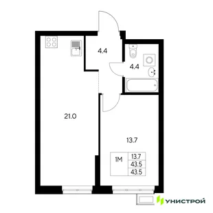 Планировка 1-комн. квартира, 43.5 м² ЖК «Стадиум»