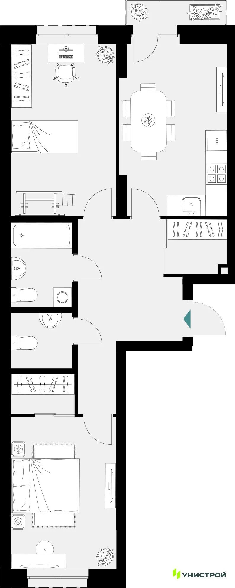 Планировка 2-комн. квартира, 65.38 м² ЖК «Уникум на Амирхана»