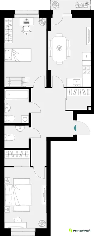Планировка 2-комн. квартира, 65.38 м² ЖК «Уникум на Амирхана»