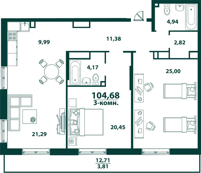 Планировка 3-комн. квартира, 104.68 м² ЖК «Аквамарин 2» Планировка 3-комн. квартира, 104.68 м² ЖК «Аквамарин 2»