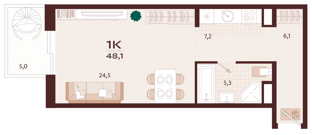 Планировка 1-комн. квартира, 48.1 м² ЖК «Роялта»