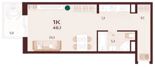 Планировка 1-комн. квартира, 48.1 м² ЖК «Роялта»
