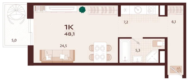 Планировка 1-комн. квартира, 48.1 м² ЖК «Роялта»