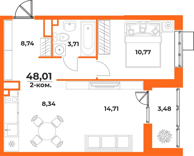 Планировка 2-комн. квартира, 48.01 м² ЖК «Живописный сад» Планировка 2-комн. квартира, 48.01 м² ЖК «Живописный сад»