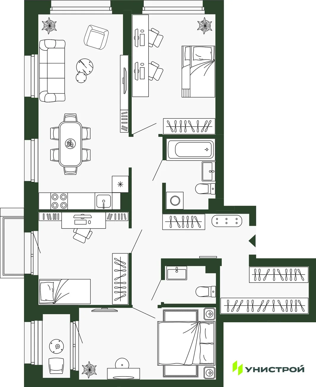 Планировка 3-комн. квартира, 83 м² ЖК «Парковый квартал 2.0»
