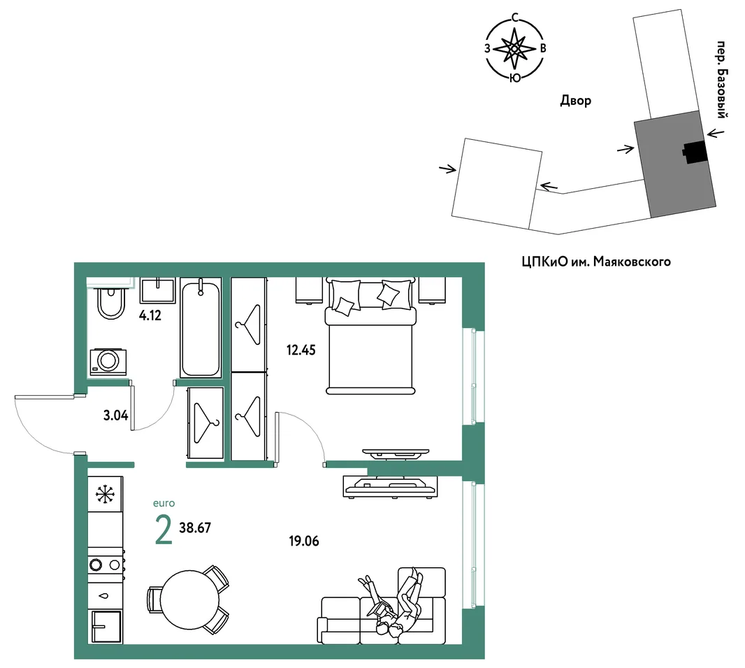 Планировка 2-комн. квартира, 38.67 м² ЖК «Сибирский сад»