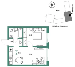 Планировка 2-комн. квартира, 38.67 м² ЖК «Сибирский сад»