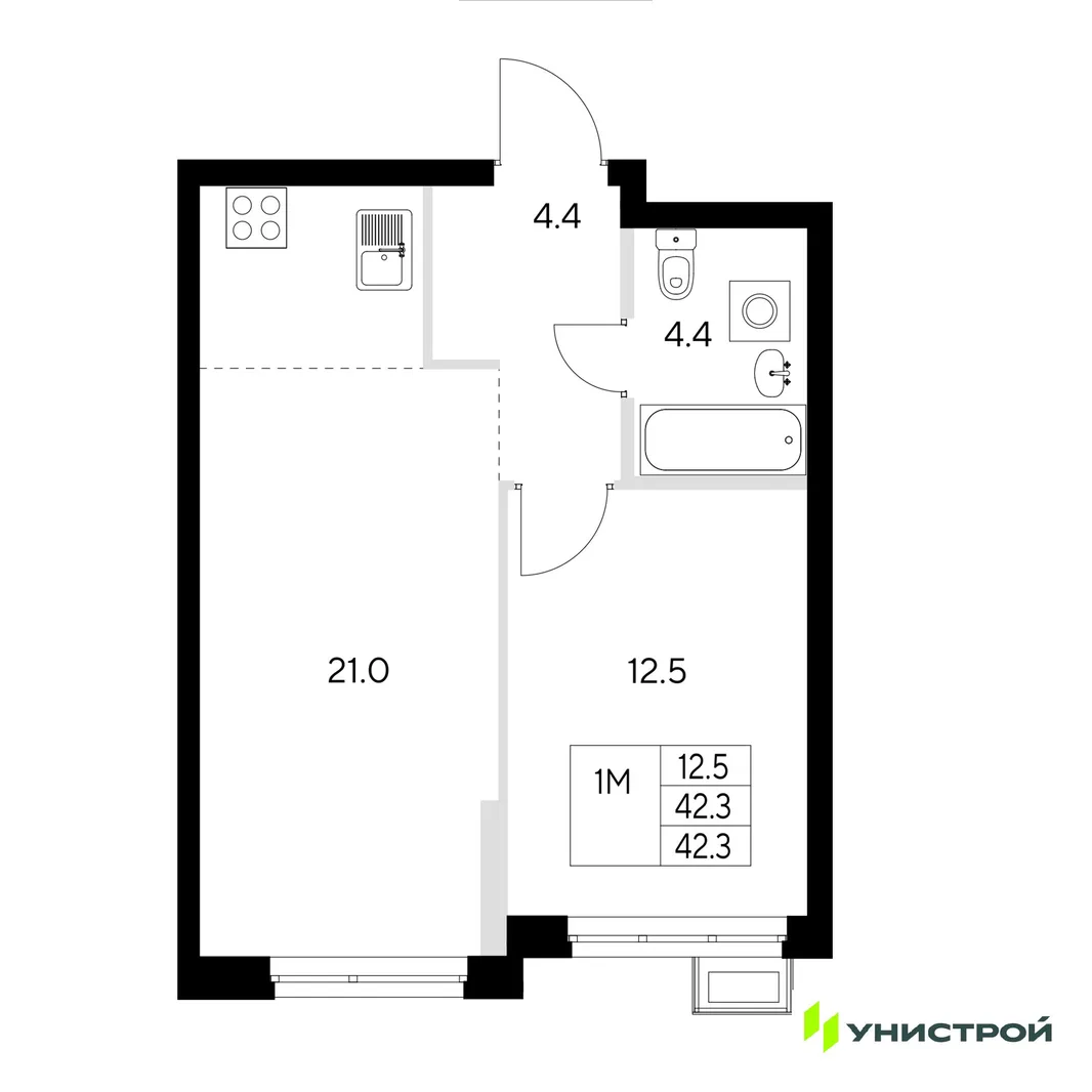 Планировка 1-комн. квартира, 42.3 м² ЖК «Стадиум»