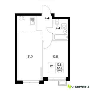 Планировка 1-комн. квартира, 42.3 м² ЖК «Стадиум»