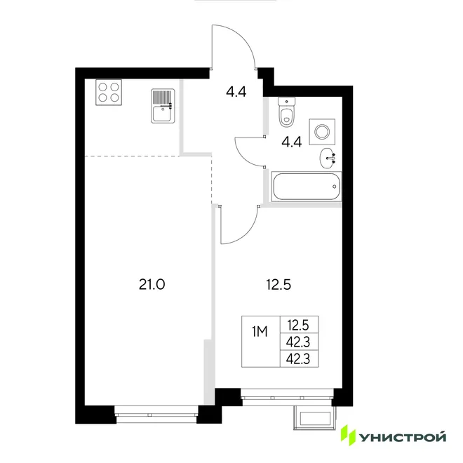 Планировка 1-комн. квартира, 42.3 м² ЖК «Стадиум» Планировка 1-комн. квартира, 42.3 м² ЖК «Стадиум»