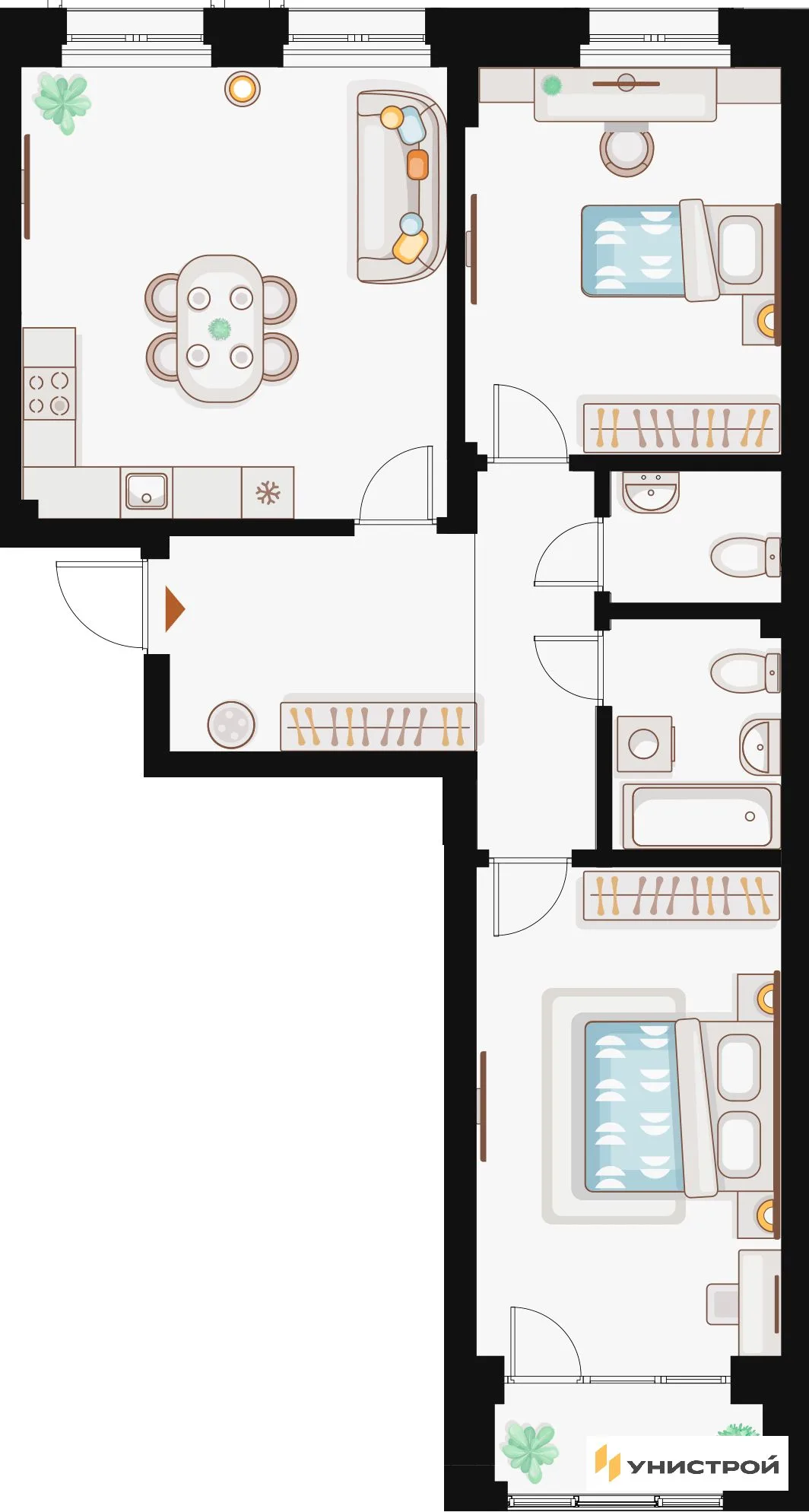 Планировка 2-комн. квартира, 73.57 м² ЖК «Жилой кластер Q на Кулагина»