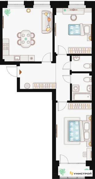 Планировка 2-комн. квартира, 73.57 м² ЖК «Жилой кластер Q на Кулагина»
