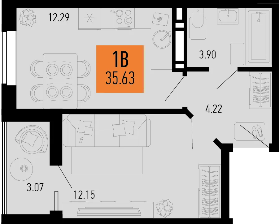 Планировка 1-комн. квартира, 35.63 м² ЖК «Столицыно»