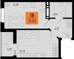 Планировка 1-комн. квартира, 35.63 м² ЖК «Столицыно»
