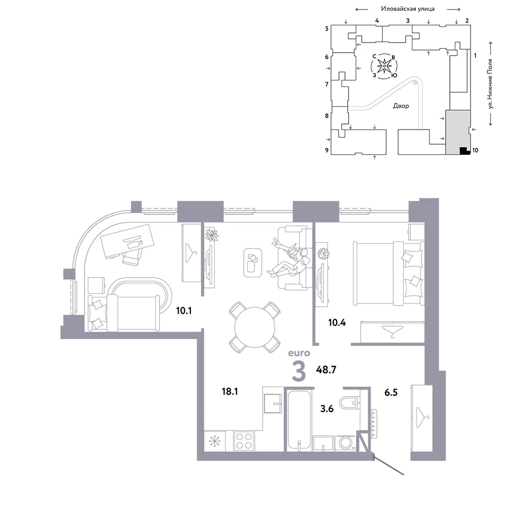 Планировка 3-комн. квартира, 48.7 м² ЖК «Страна.Заречная»