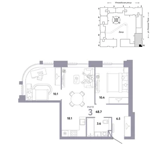 Планировка 3-комн. квартира, 48.7 м² ЖК «Страна.Заречная»
