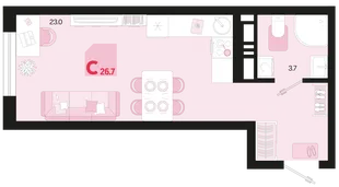 Планировка Студия, 26.7 м² ЖК «Первое место»