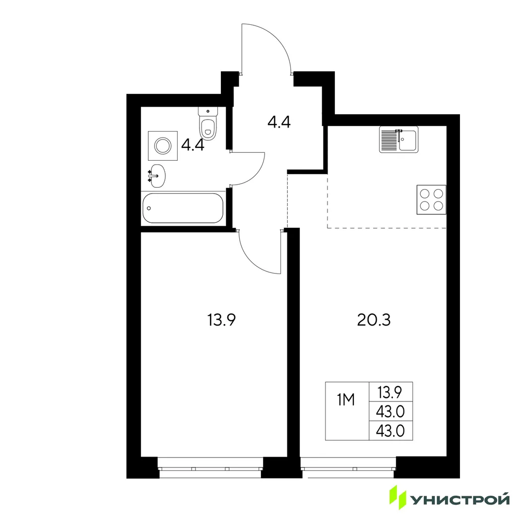 Планировка 1-комн. квартира, 43 м² ЖК «Стадиум»
