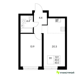 Планировка 1-комн. квартира, 43 м² ЖК «Стадиум»