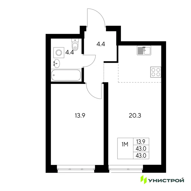 Планировка 1-комн. квартира, 43 м² ЖК «Стадиум» Планировка 1-комн. квартира, 43 м² ЖК «Стадиум»