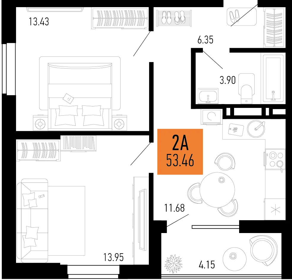 Планировка 2-комн. квартира, 53.46 м² ЖК «Столицыно»