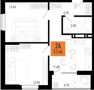 Планировка 2-комн. квартира, 53.46 м² ЖК «Столицыно»
