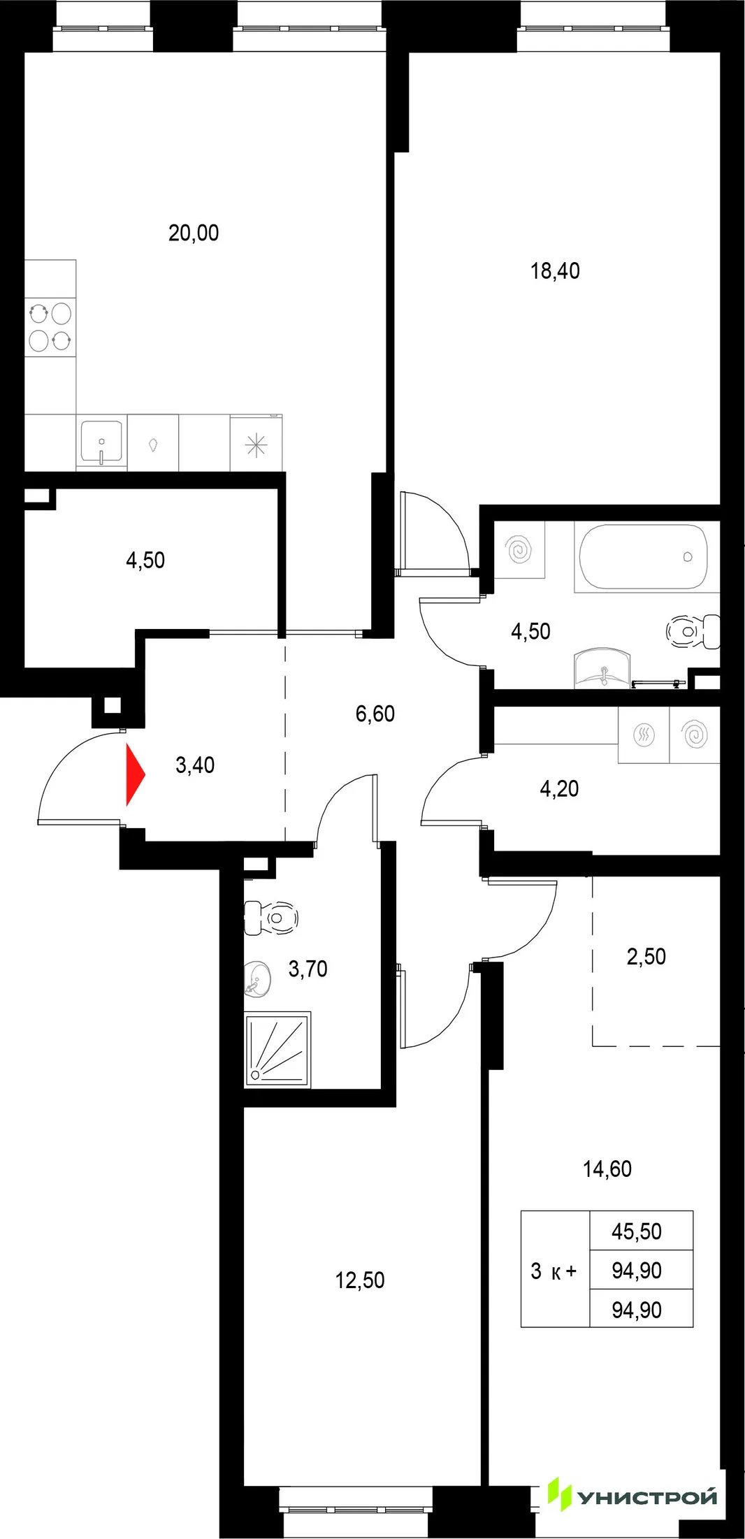Планировка 3-комн. квартира, 94.9 м² ЖК «Уникод на Технической»