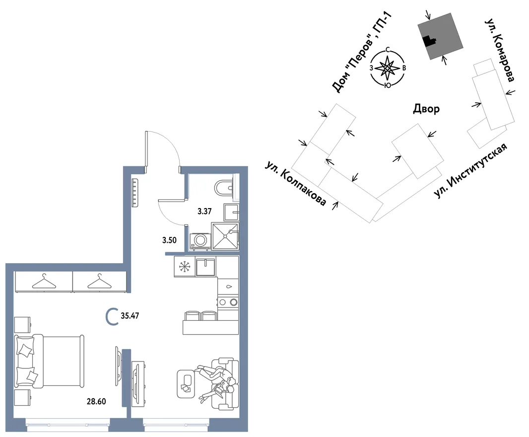 Планировка Студия, 35.47 м² ЖК «Страна.Парковая»