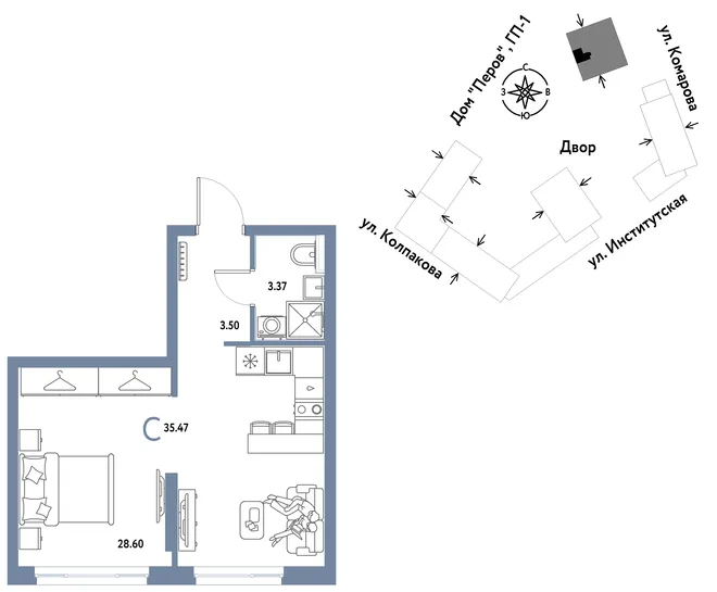 Планировка Студия, 35.47 м² ЖК «Страна.Парковая» Планировка Студия, 35.47 м² ЖК «Страна.Парковая»