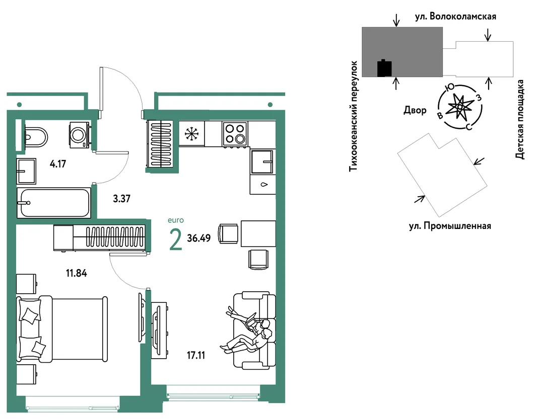 Планировка 2-комн. квартира, 36.49 м² ЖК «Страна Прибрежная»