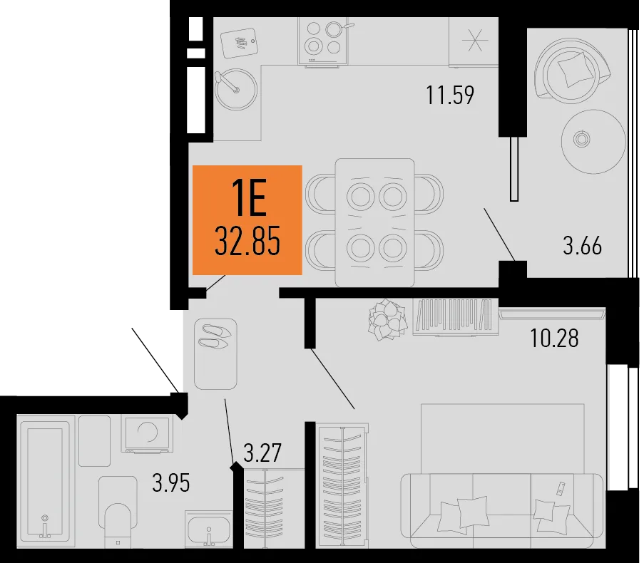 Планировка 1-комн. квартира, 32.85 м² ЖК «Столицыно»