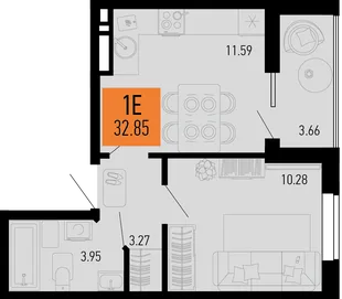 Планировка 1-комн. квартира, 32.85 м² ЖК «Столицыно»