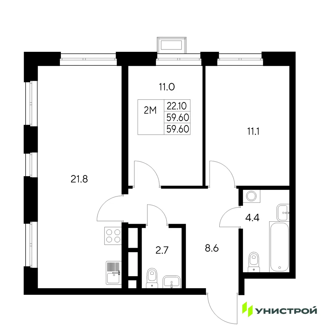 Планировка 2-комн. квартира, 59.6 м² ЖК «Стадиум»
