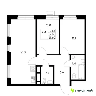 Планировка 2-комн. квартира, 59.6 м² ЖК «Стадиум»