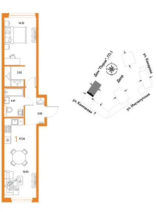 Планировка 1-комн. квартира, 47.26 м² ЖК «Страна.Парковая»