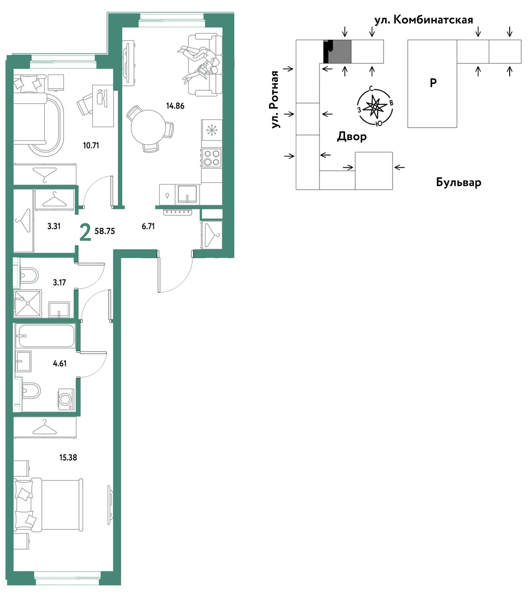 Планировка 2-комн. квартира, 58.07 м² ЖК «Уральский сад»