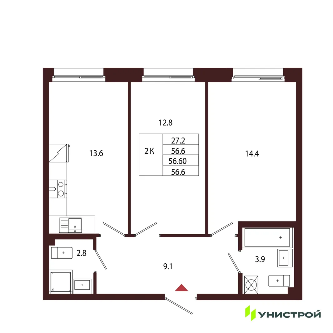 Планировка 2-комн. квартира, 56.6 м² ЖК «Лисино»