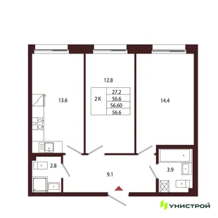 Планировка 2-комн. квартира, 56.6 м² ЖК «Лисино»