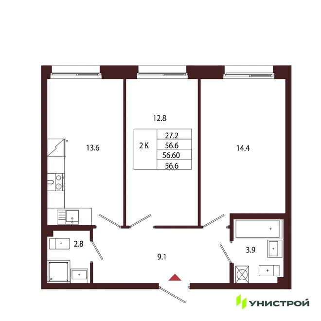 Планировка 2-комн. квартира, 56.6 м² ЖК «Лисино» Планировка 2-комн. квартира, 56.6 м² ЖК «Лисино»