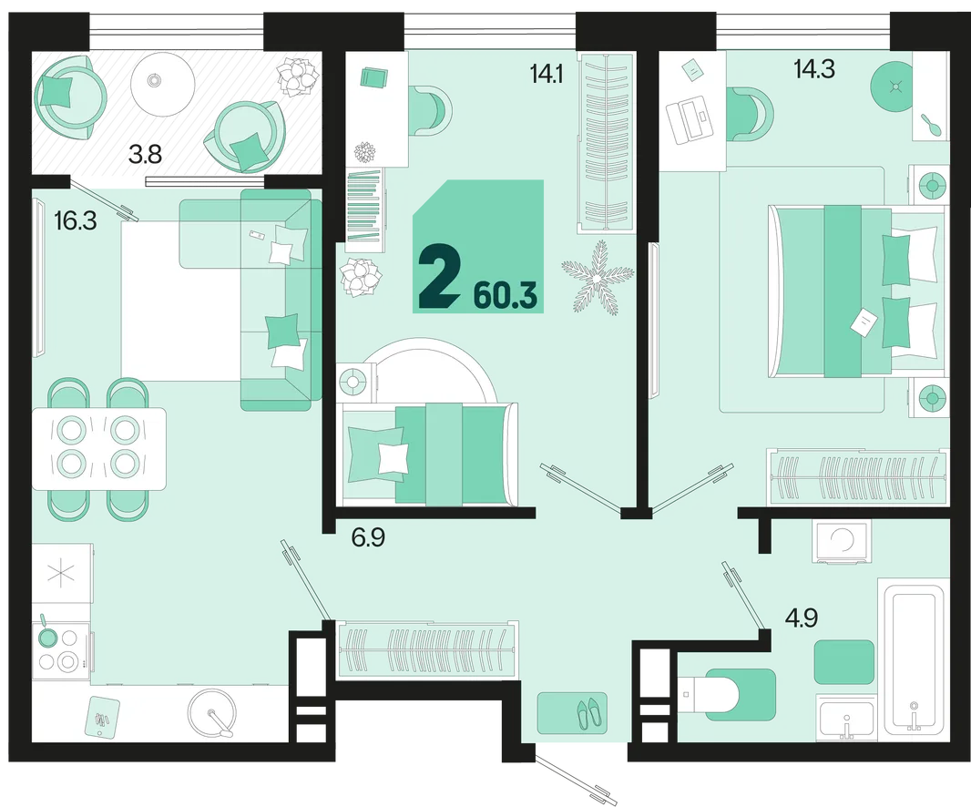 Планировка 2-комн. квартира, 60.3 м² ЖК «Первое место»