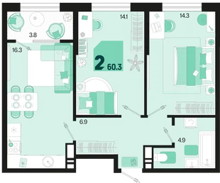 Планировка 2-комн. квартира, 60.3 м² ЖК «Первое место»