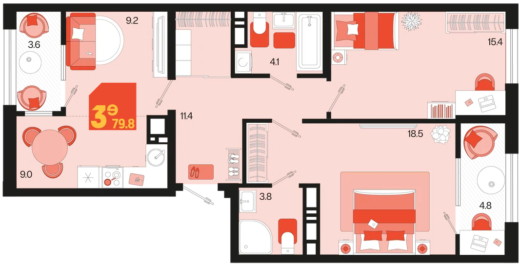 Планировка 3-комн. квартира, 79.8 м² ЖК «Первое место»
