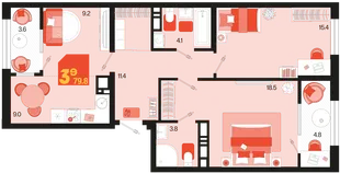 Планировка 3-комн. квартира, 79.8 м² ЖК «Первое место»
