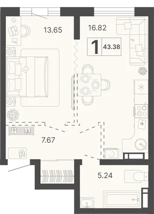 Планировка 1-комн. квартира, 43.38 м² ЖК «Светский лес»