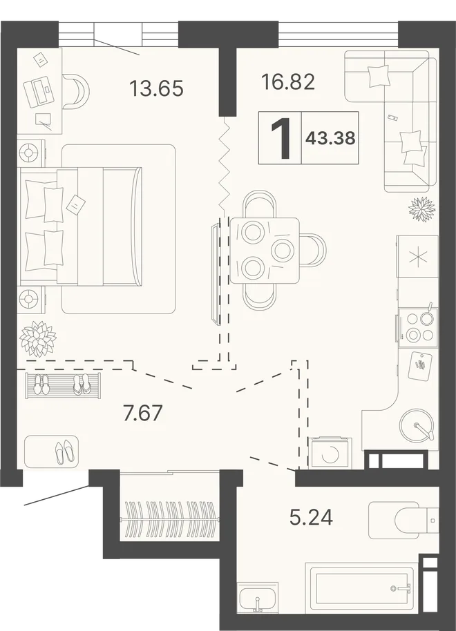 Планировка 1-комн. квартира, 43.38 м² ЖК «Светский лес» Планировка 1-комн. квартира, 43.38 м² ЖК «Светский лес»