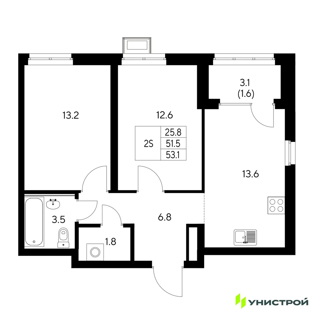 Планировка 2-комн. квартира, 53.1 м² ЖК «Стадиум»