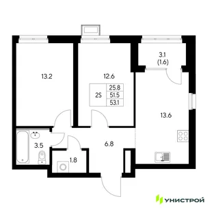 Планировка 2-комн. квартира, 53.1 м² ЖК «Стадиум»
