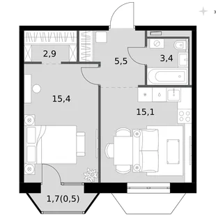 Квартира 1-комн. квартира, 42.8 м² ЖК «Фриссон» Фото 1 Квартира 1-комн. квартира, 42.8 м² ЖК «Фриссон» Фото 1